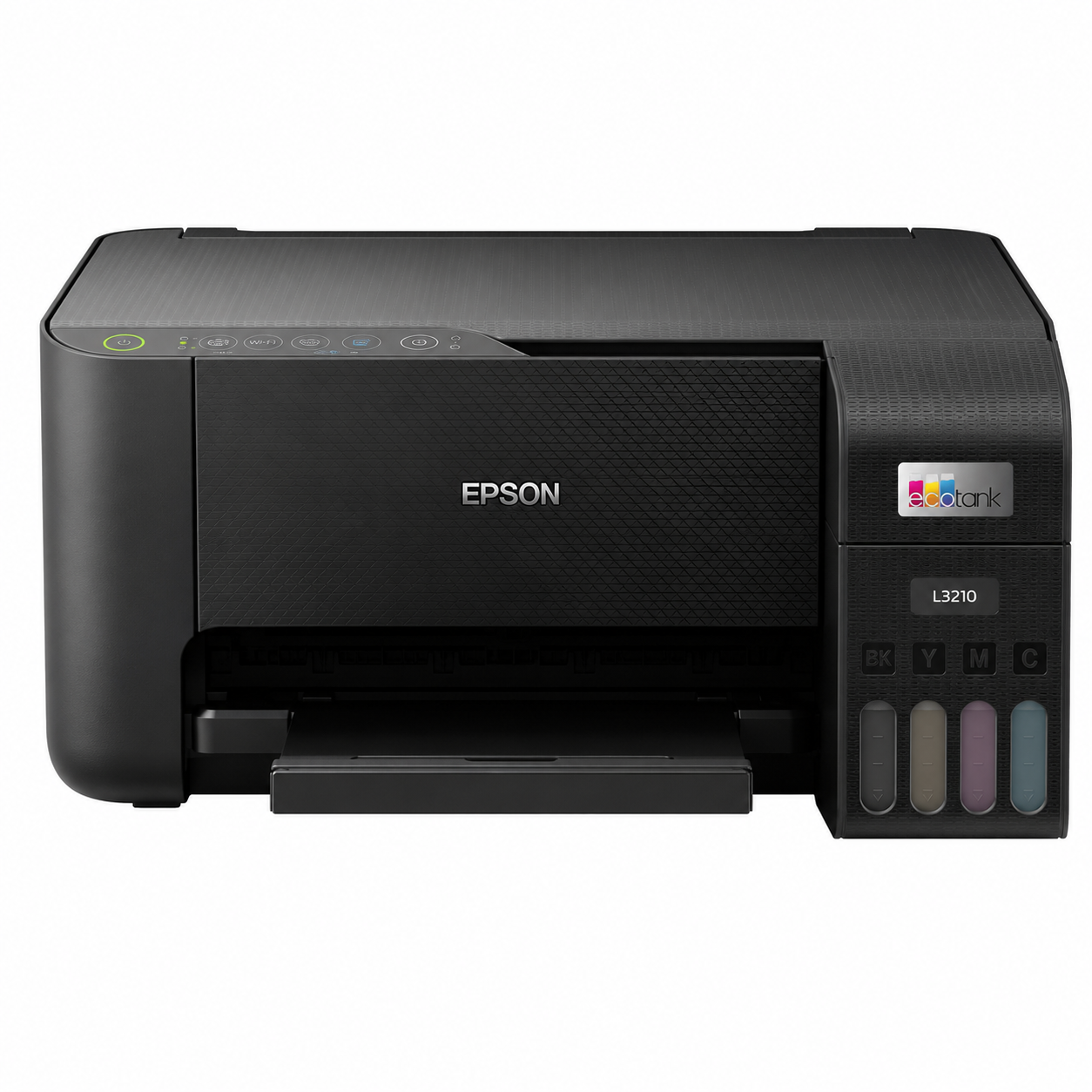 Epson EcoTank L3210 all-in-one ink tank printer, front view, black
