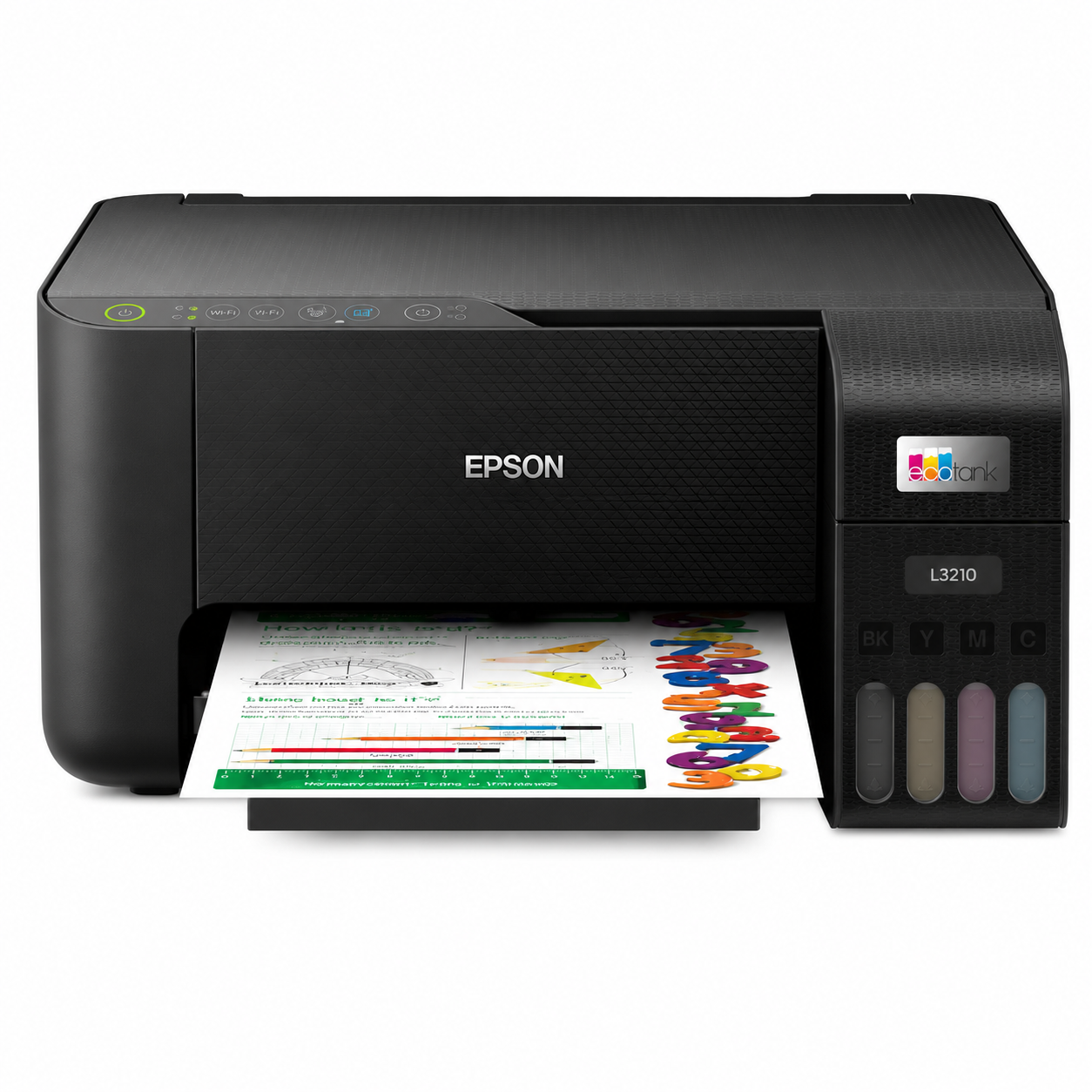 Epson EcoTank L3210 all-in-one printer printing a color document, front view