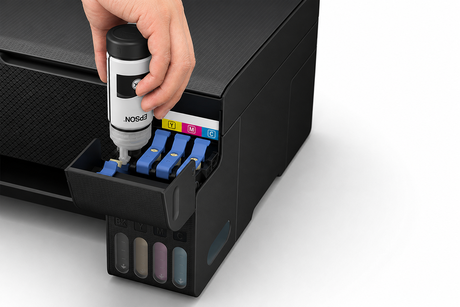 Epson EcoTank L3250 showing front-facing refillable ink tanks and key-lock bottle design