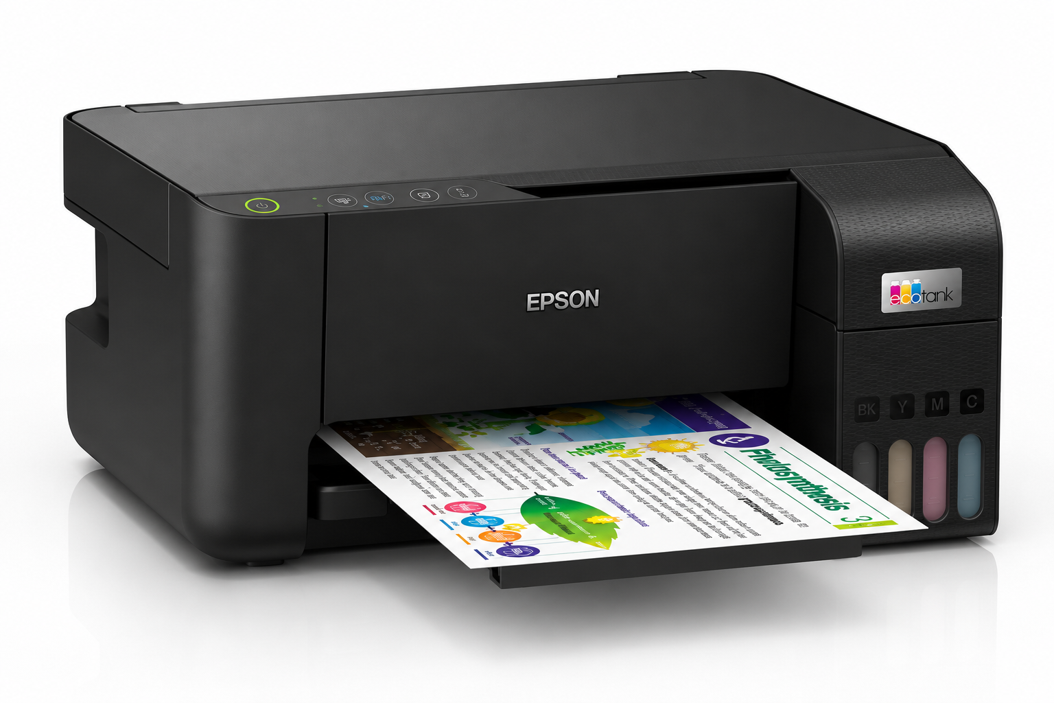 Epson EcoTank L3250 printing a color A4 document from the rear paper feeder