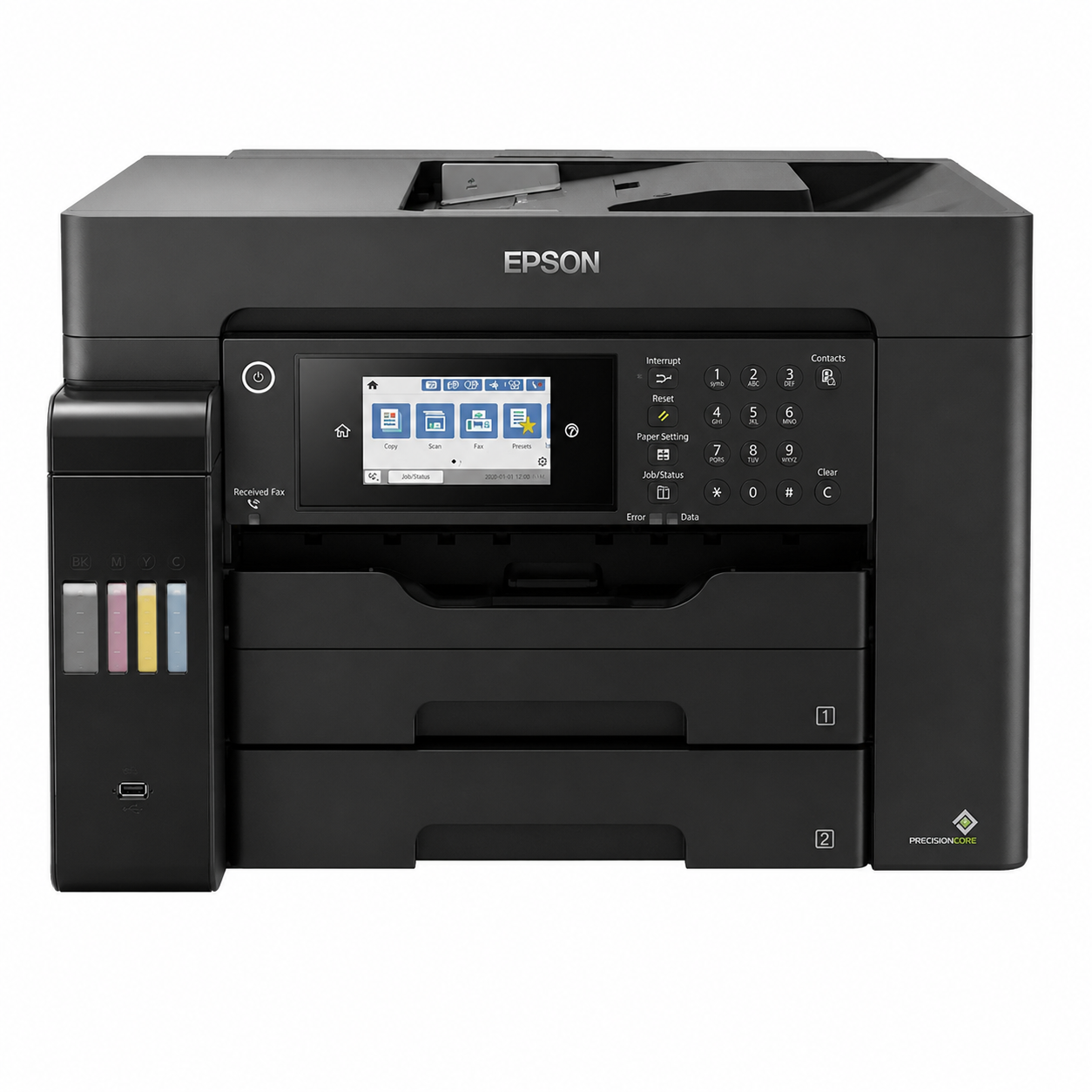 Epson EcoTank L15160 A3+ multifunction ink tank printer front view with touchscreen control panel.