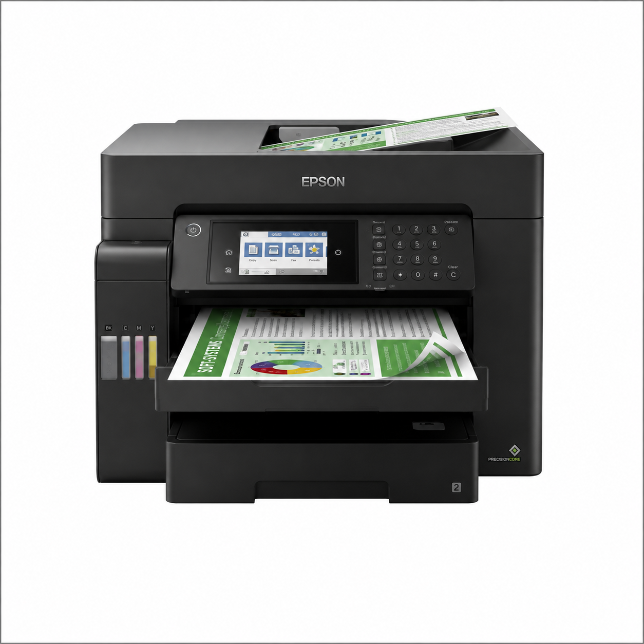 Epson EcoTank L15160 A3+ multifunction printer front angled view printing a color document.