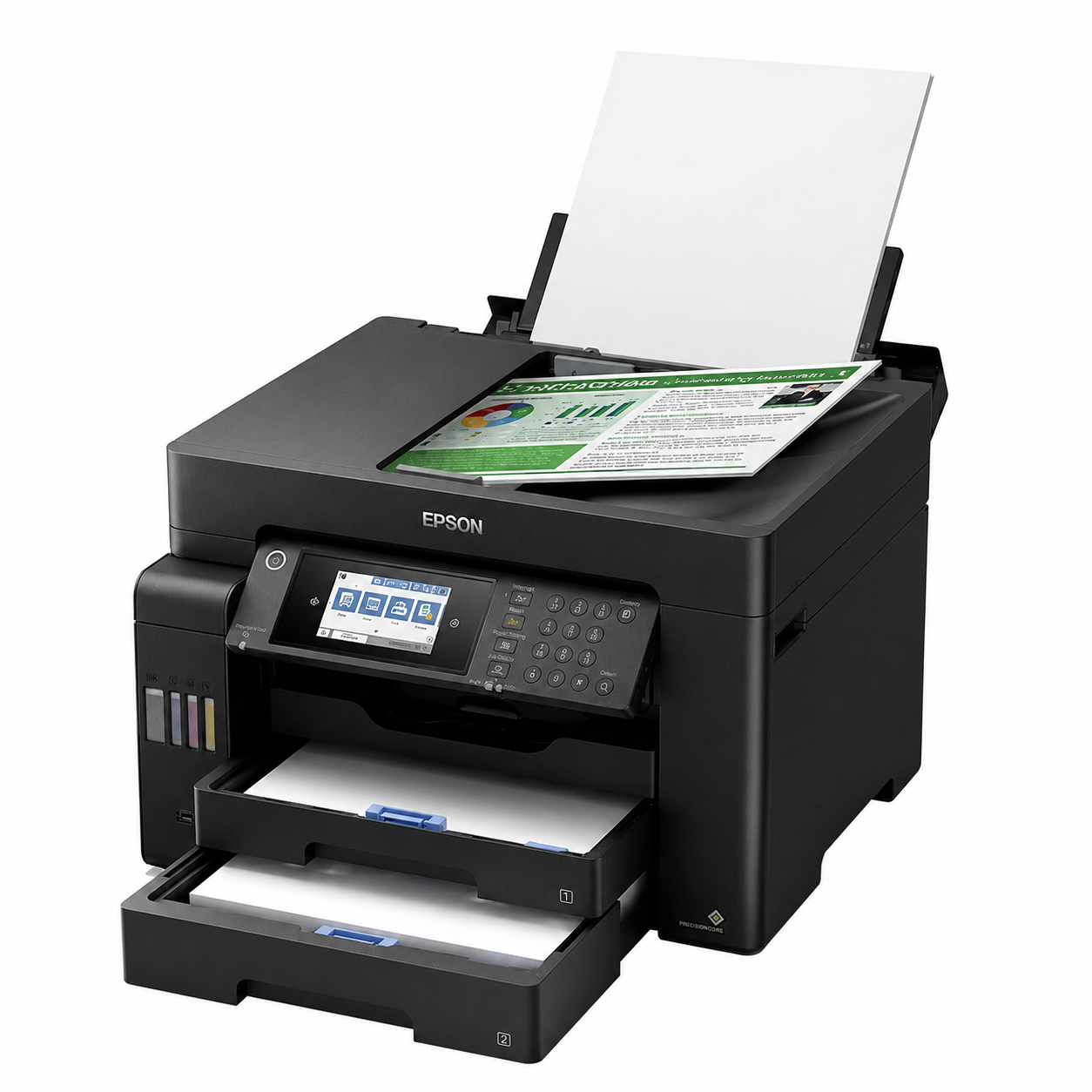 Epson EcoTank L15160 A3+ multifunction ink tank printer angled view with ADF and paper tray open.