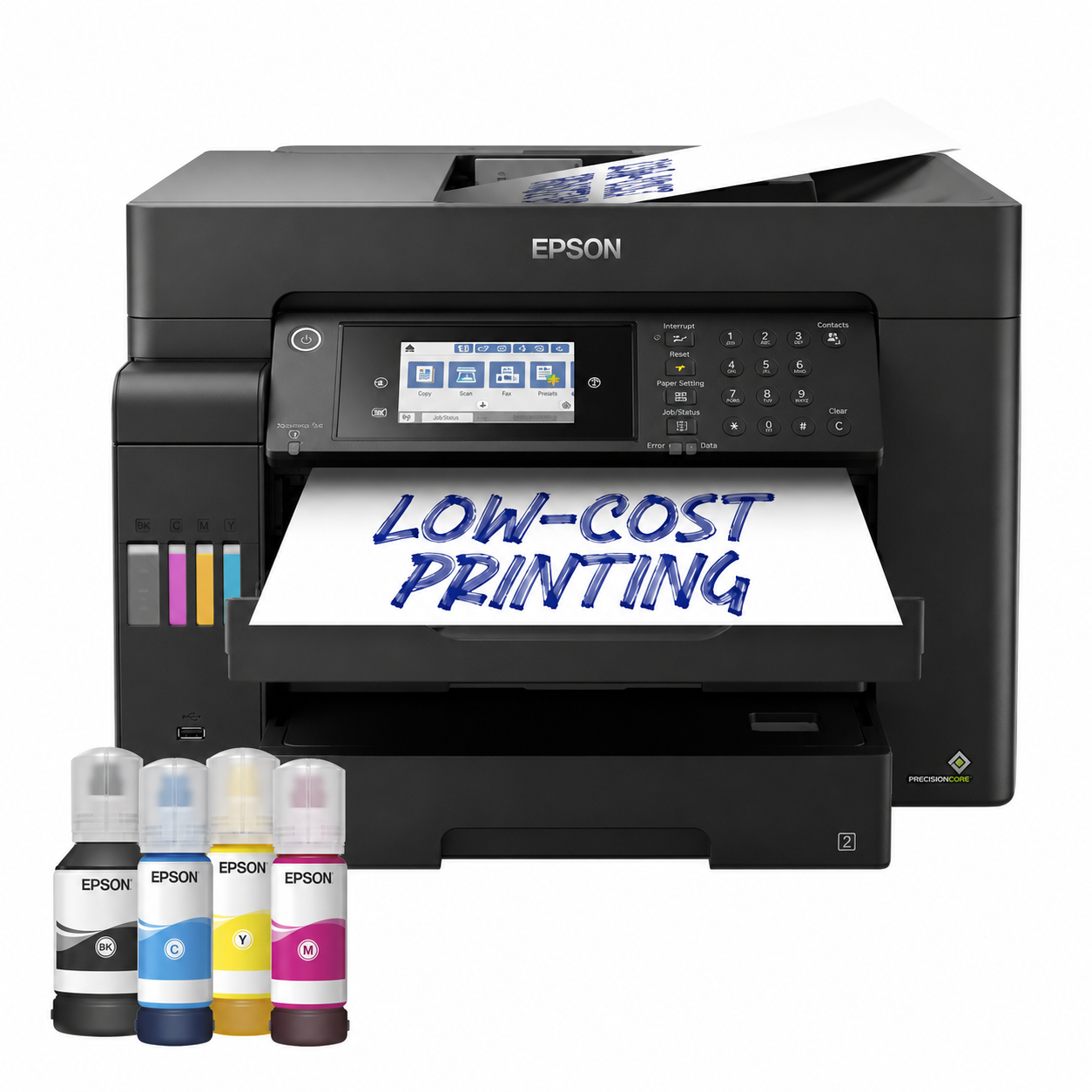 Epson EcoTank L15160 A3+ multifunction printer front view with refillable ink bottles and low-cost printing graphic.