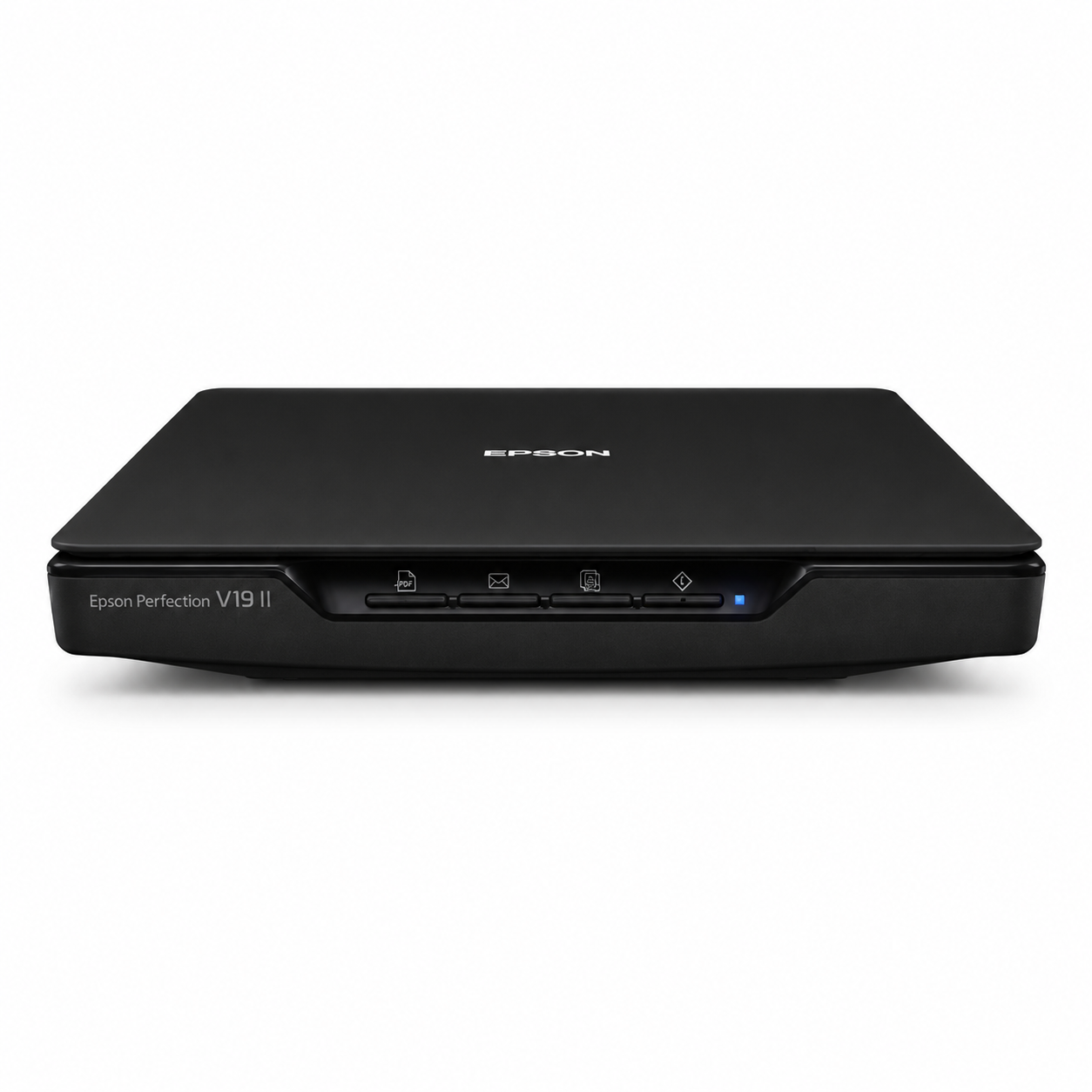 Epson Perfection V19 slim USB flatbed scanner angled side view