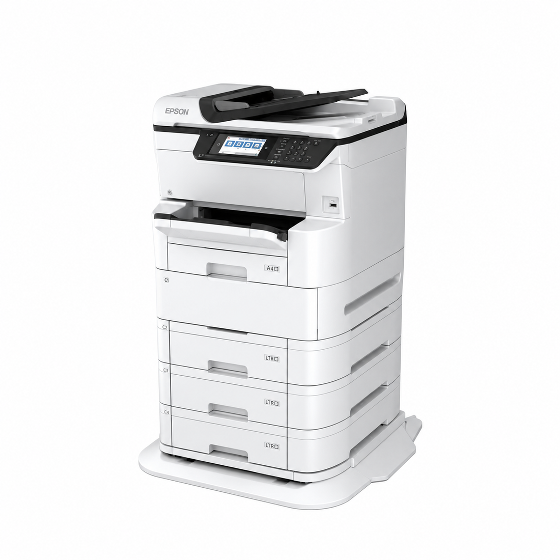 Epson WorkForce Pro WF-C878RDWF A3+ colour multifunction printer front view showing touchscreen control panel, ADF and paper trays.