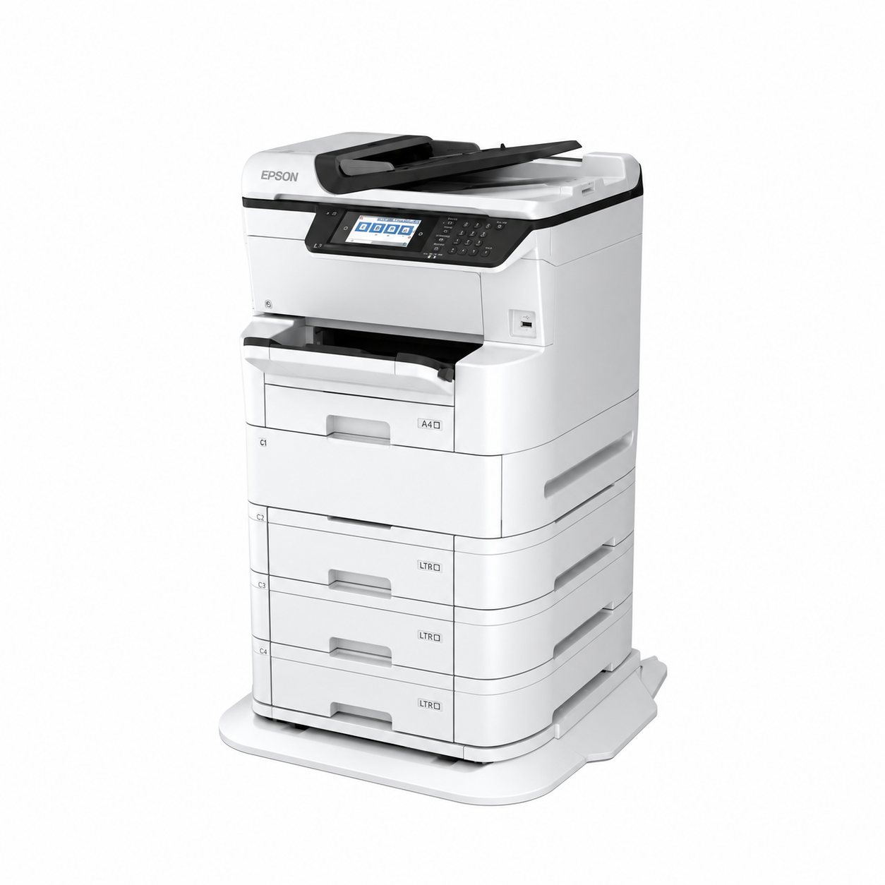 Epson WorkForce Pro WF-C878RDWF multifunction business printer angled front view showing high-capacity paper handling design.