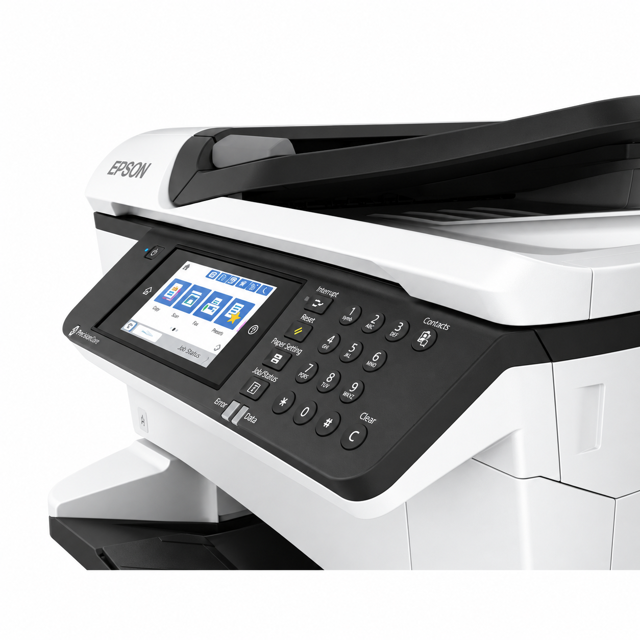Epson WorkForce Pro WF-C878RDWF touchscreen control panel close-up showing printer controls and business workflow interface.