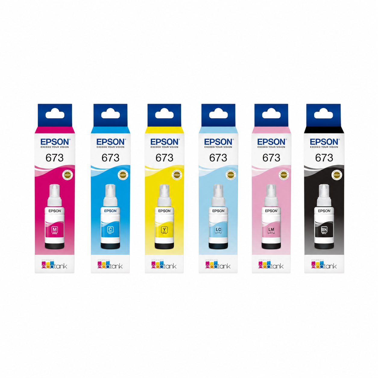 Epson T673 EcoTank original 6-colour ink bottle set showing Magenta, Cyan, Yellow, Light Cyan, Light Magenta and Black inks.