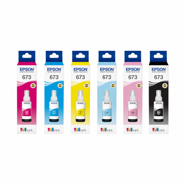 Epson T673 EcoTank original 6-colour ink bottle set showing Magenta, Cyan, Yellow, Light Cyan, Light Magenta and Black inks.
