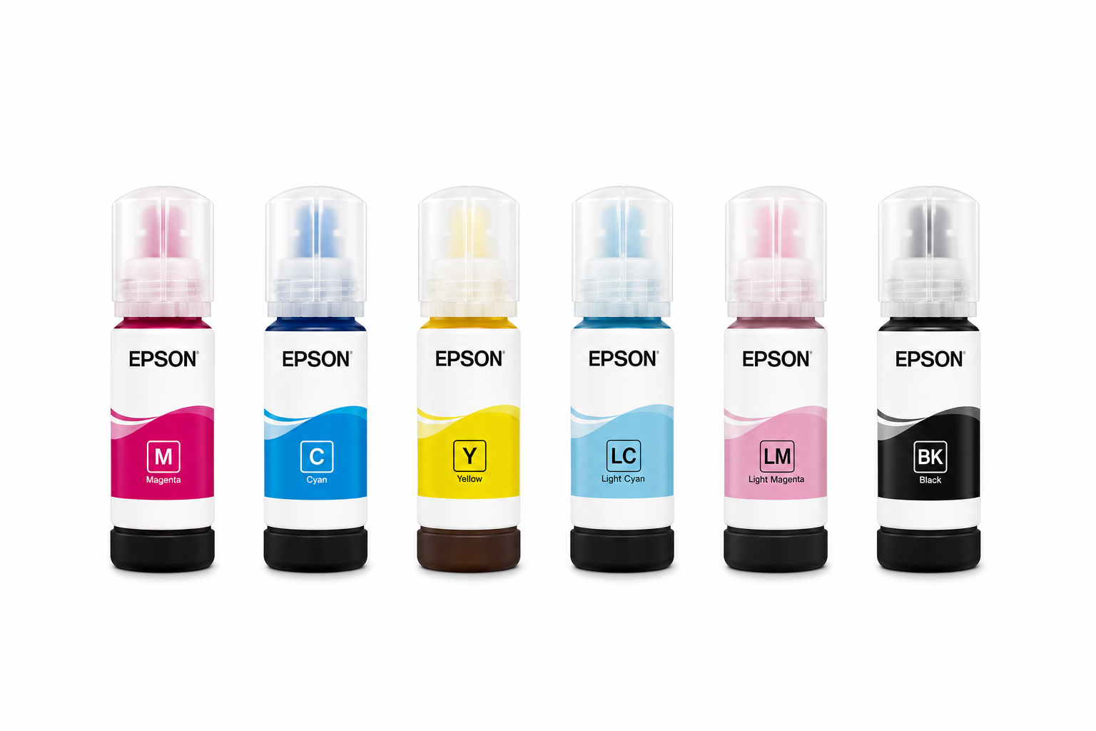 Epson T673 EcoTank genuine 6-colour ink bottles front view showing the complete photo ink set.

