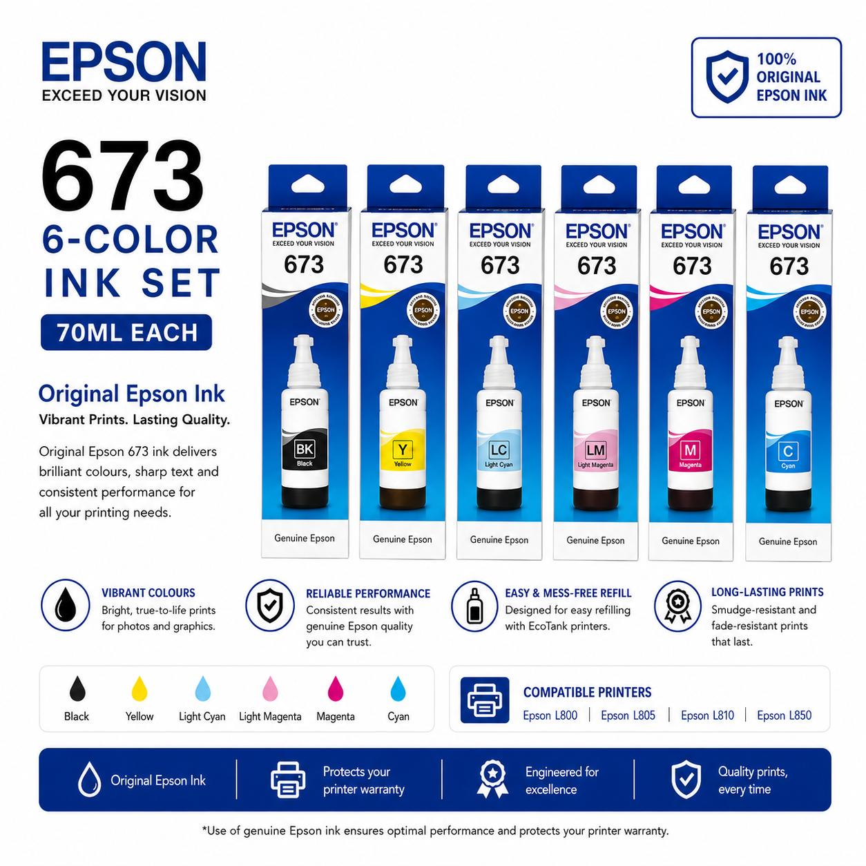 Epson T673 6-Colour Ink Set product information image showing genuine Epson ink bottles for compatible EcoTank photo printers.
