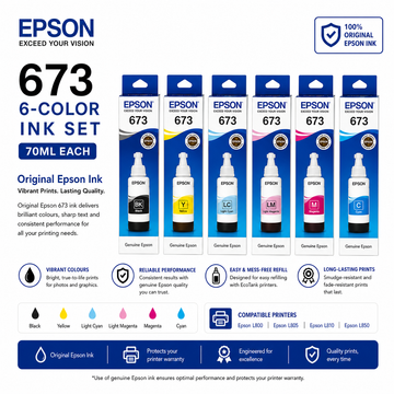 Epson T673 6-Colour Ink Set product information image showing genuine Epson ink bottles for compatible EcoTank photo printers.