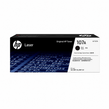 HP 107A Black Original Laser Toner Cartridge W1107A retail box top view showing genuine HP black toner packaging.