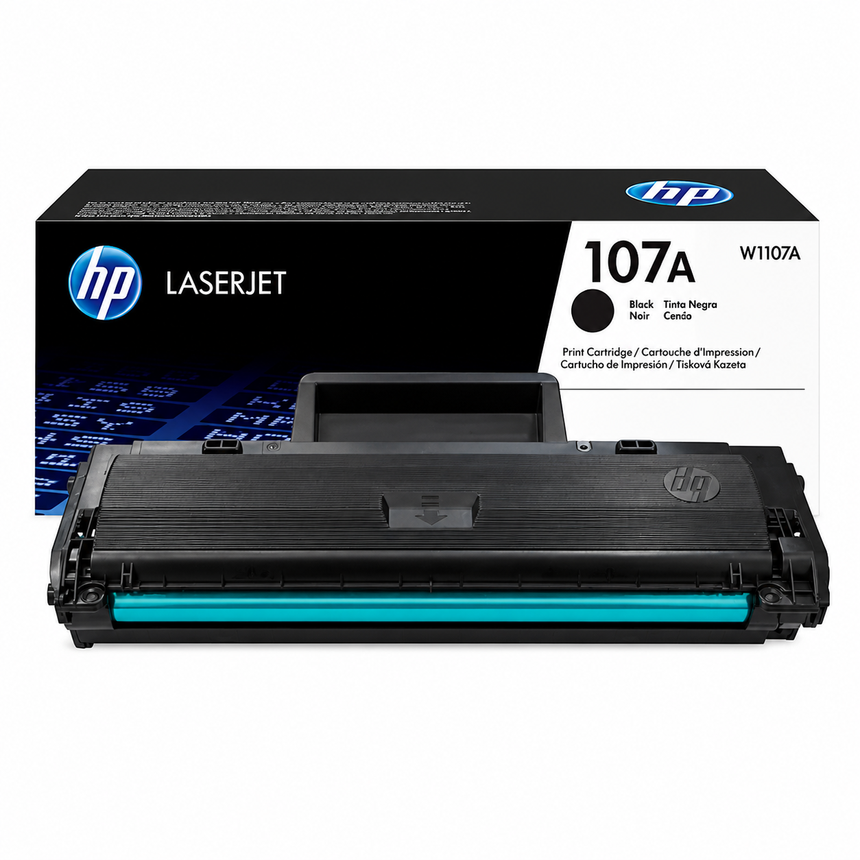 HP 107A Black Original Laser Toner Cartridge W1107A packaging close-up showing the 107A cartridge code and black toner label.