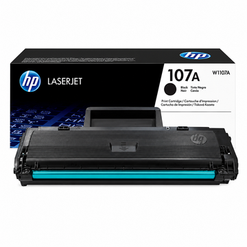 HP 107A Black Original Laser Toner Cartridge W1107A packaging close-up showing the 107A cartridge code and black toner label.