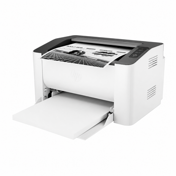 HP Laser 108a monochrome printer with output paper tray open and printed page