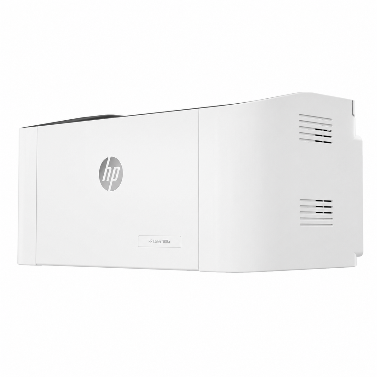HP Laser 108a laser printer angled right-side view on white background