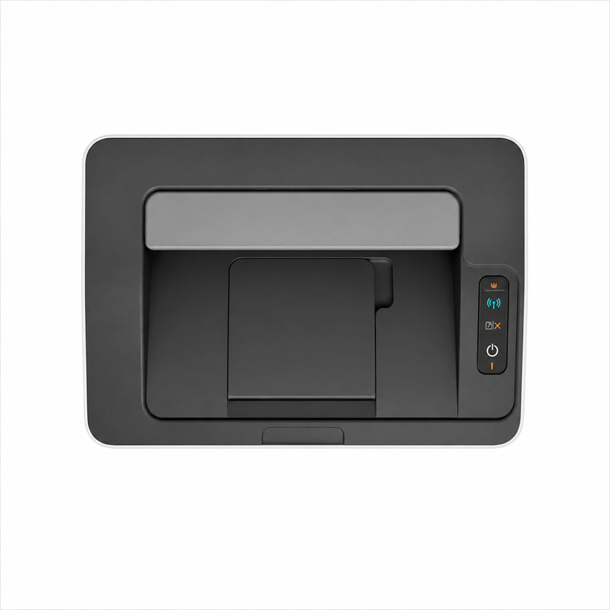 HP Laser 108w wireless laser printer top view showing output tray and control panel