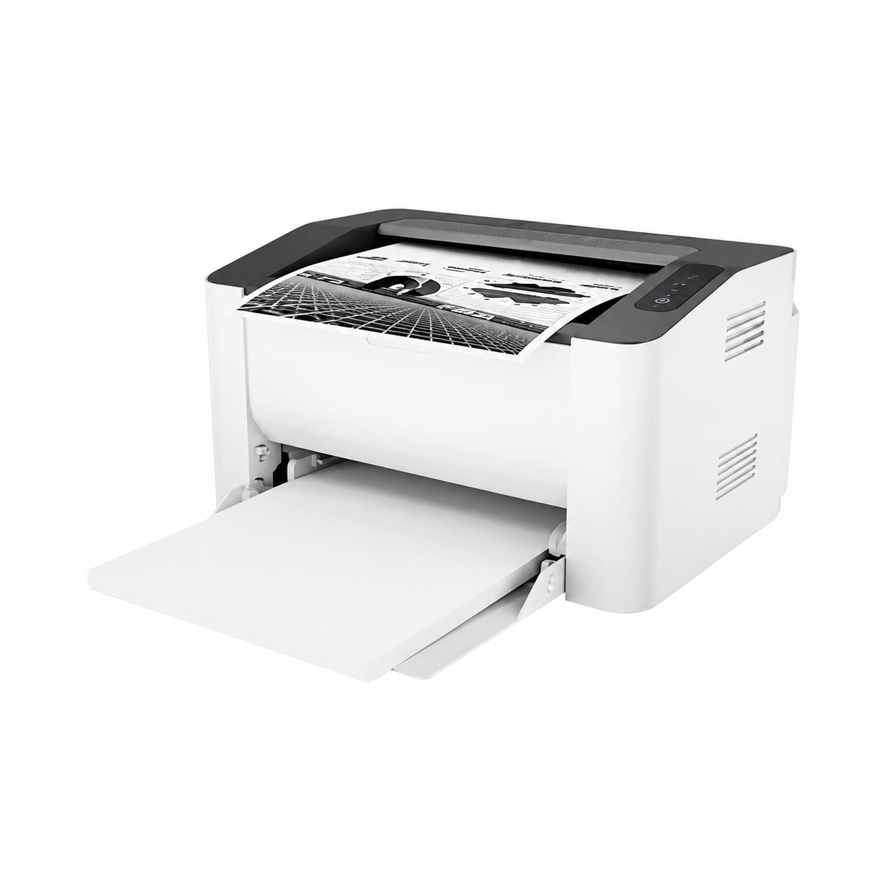 HP Laser 108w monochrome laser printer angled view with paper input tray open