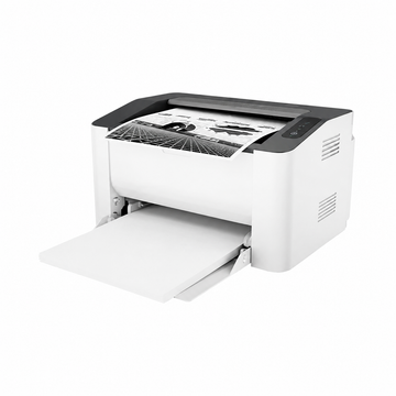 HP Laser 108w monochrome laser printer angled view with paper input tray open