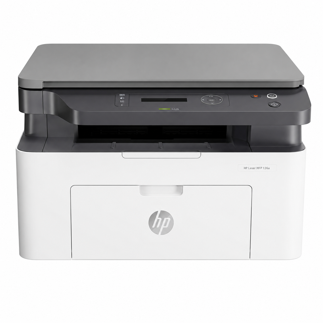 HP Laser MFP 136a monochrome multifunction printer front view showing the flatbed scanner, control panel and front paper tray