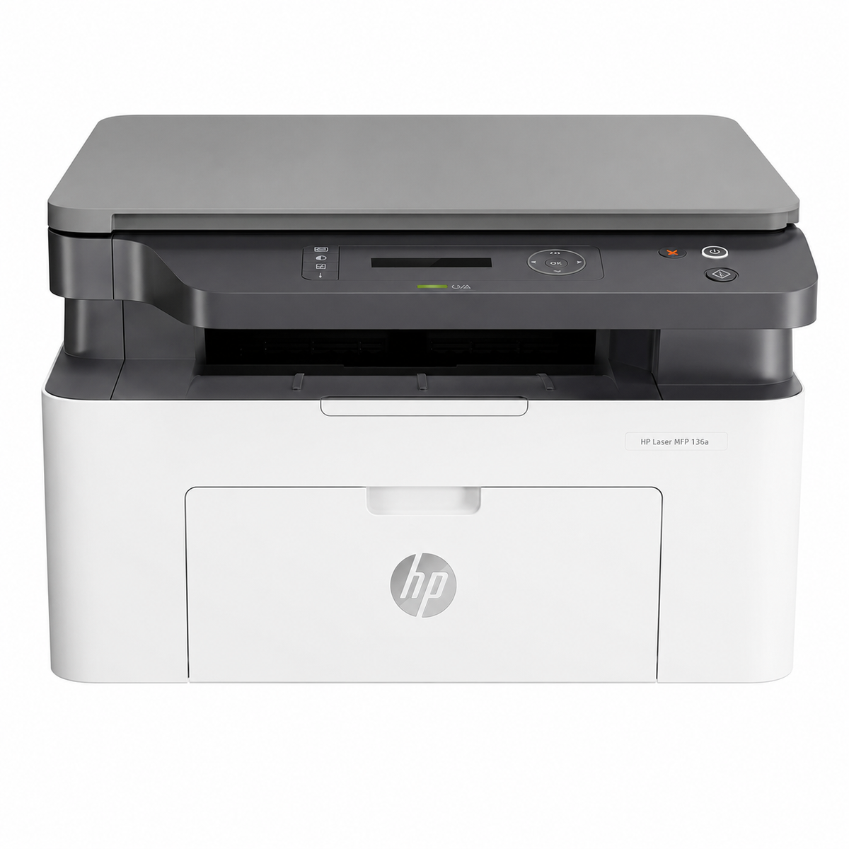 HP Laser MFP 136a monochrome multifunction printer front view showing the flatbed scanner, control panel and front paper tray