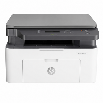 HP Laser MFP 136a monochrome multifunction printer front view showing the flatbed scanner, control panel and front paper tray