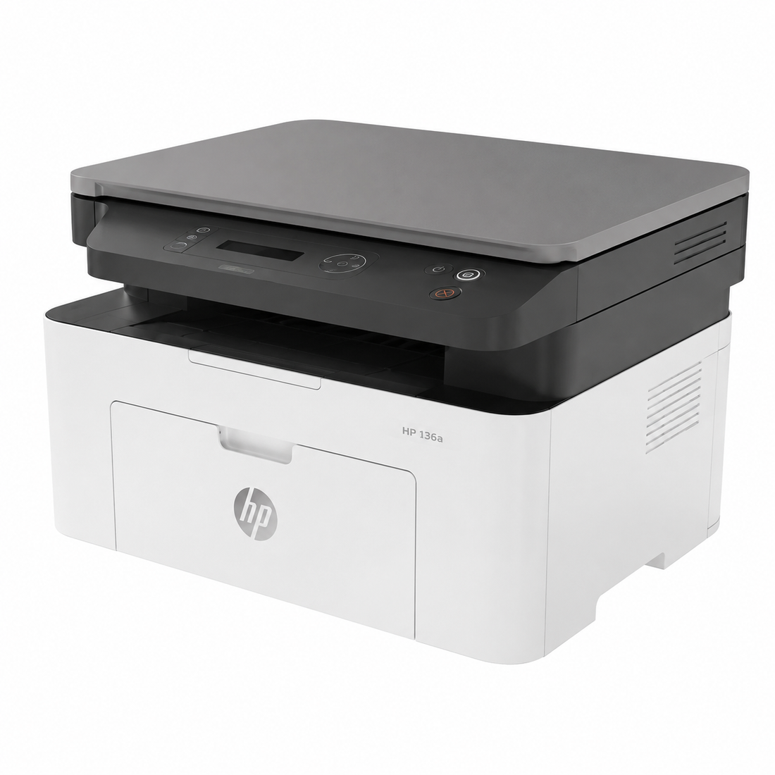 HP Laser MFP 136a monochrome multifunction printer front view showing the flatbed scanner, control panel and front paper tray