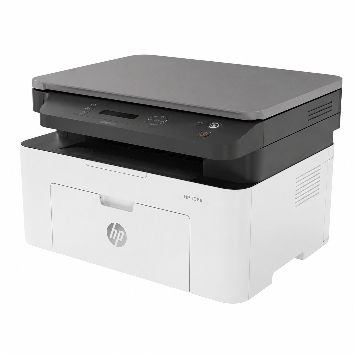 HP Laser MFP 136a printer angled front view showing the flatbed scanner lid, control panel and compact white body