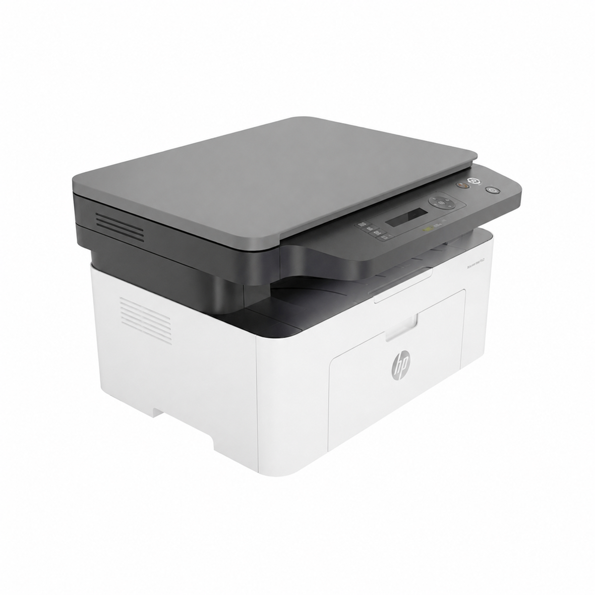 HP Laser MFP 136a multifunction laser printer angled side view highlighting the scanner unit and compact desktop design