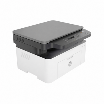 HP Laser MFP 136a multifunction laser printer angled side view highlighting the scanner unit and compact desktop design