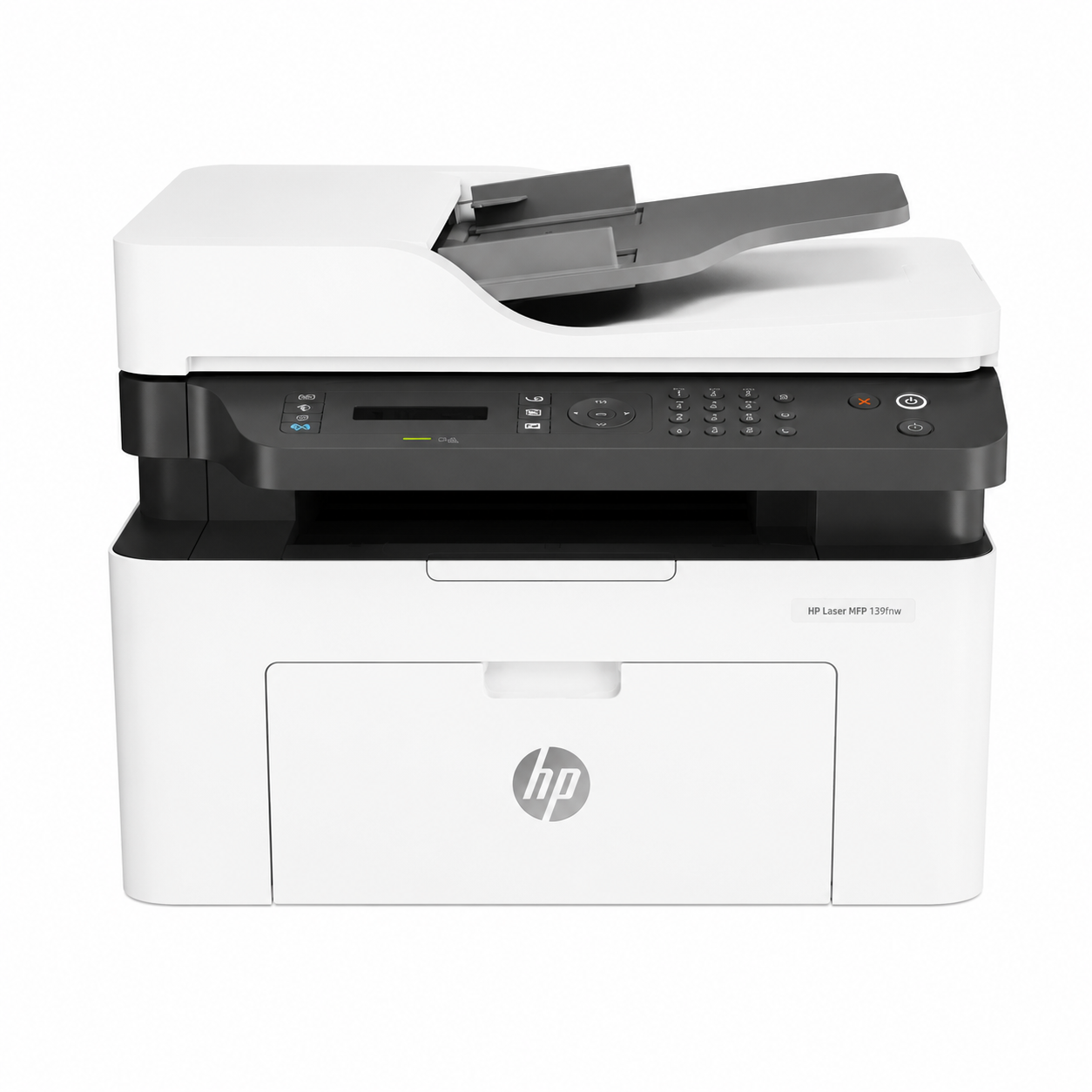 HP Laser MFP 139fnw wireless monochrome multifunction printer front view with automatic document feeder