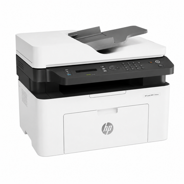 HP Laser MFP 139fnw black and white laser printer angled front view showing the ADF and paper tray