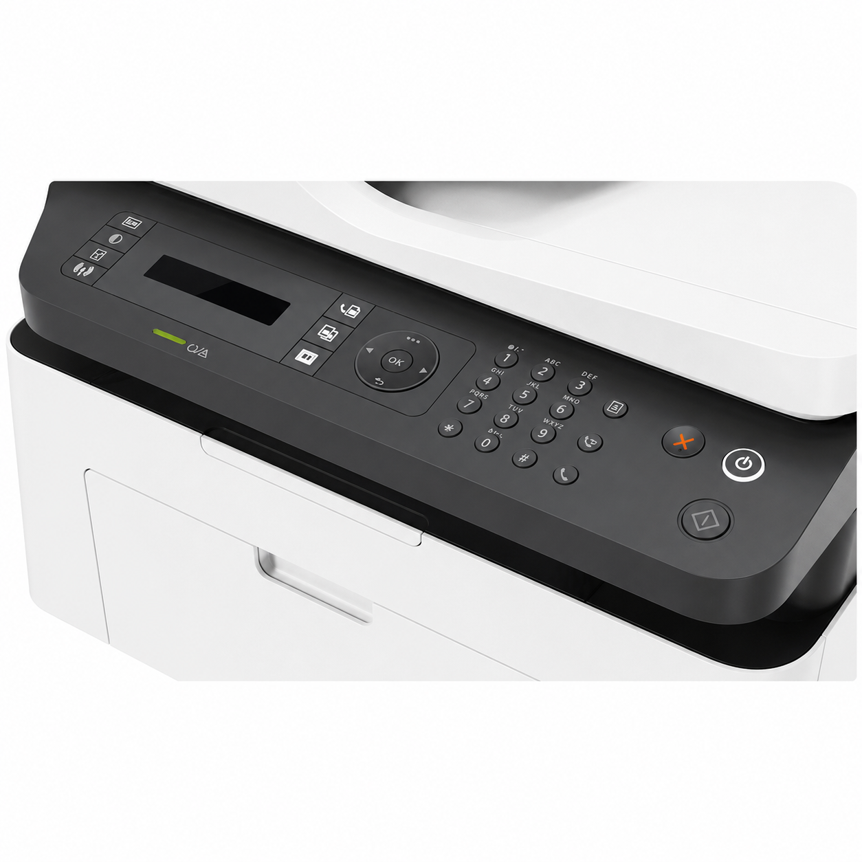 HP Laser MFP 139fnw multifunction printer control panel close-up with LCD screen and function buttons