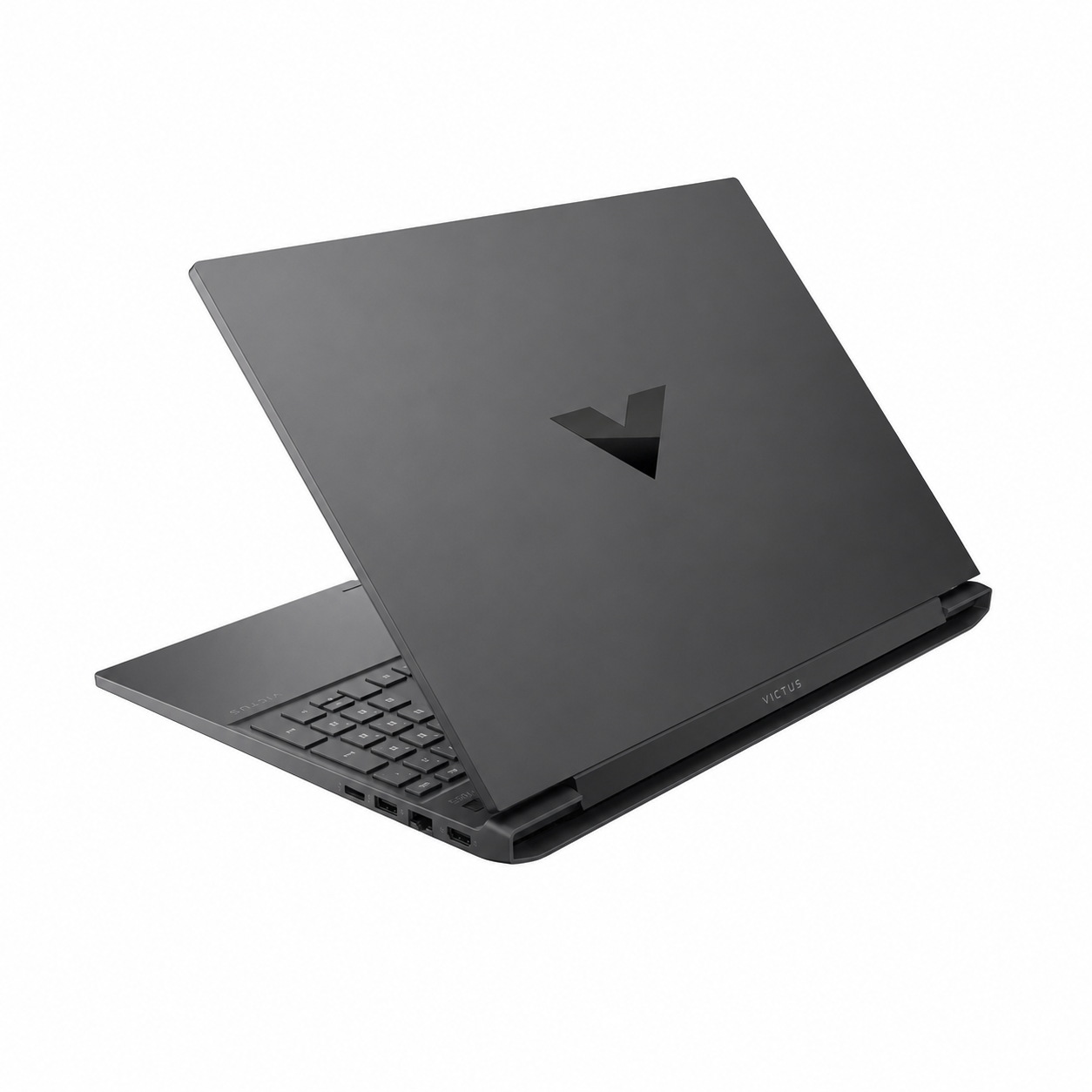 HP Victus 15-fa2082wm Mica Silver gaming laptop, rear three-quarter view showing the Victus logo and chassis design