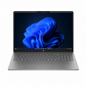HP Victus 15-fa2394TX gaming laptop in Mica Silver, front view showing the 15.6-inch display and full-size keyboard