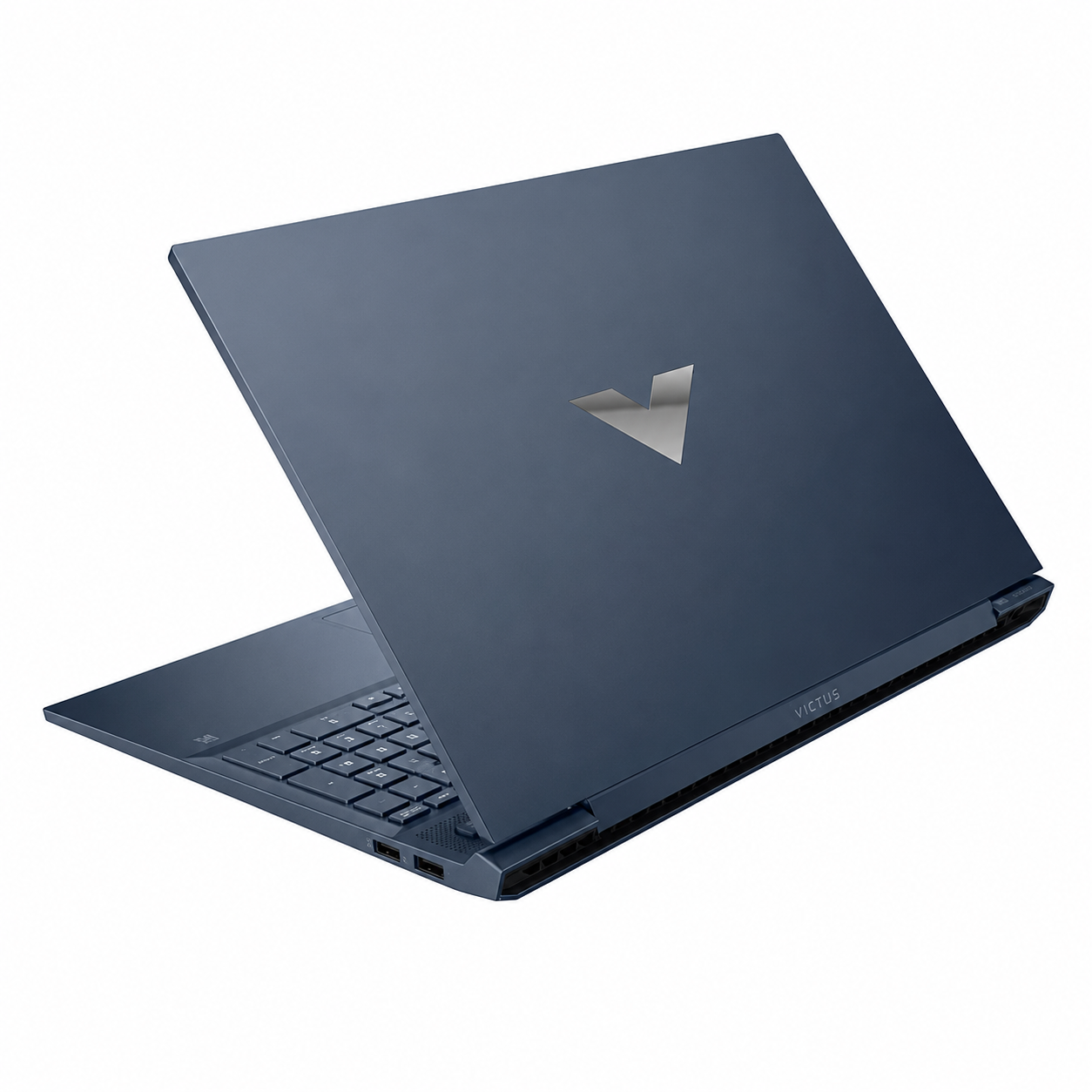 HP Victus 15-fa2394TX Mica Silver gaming laptop, rear three-quarter view showing the Victus logo and chassis design