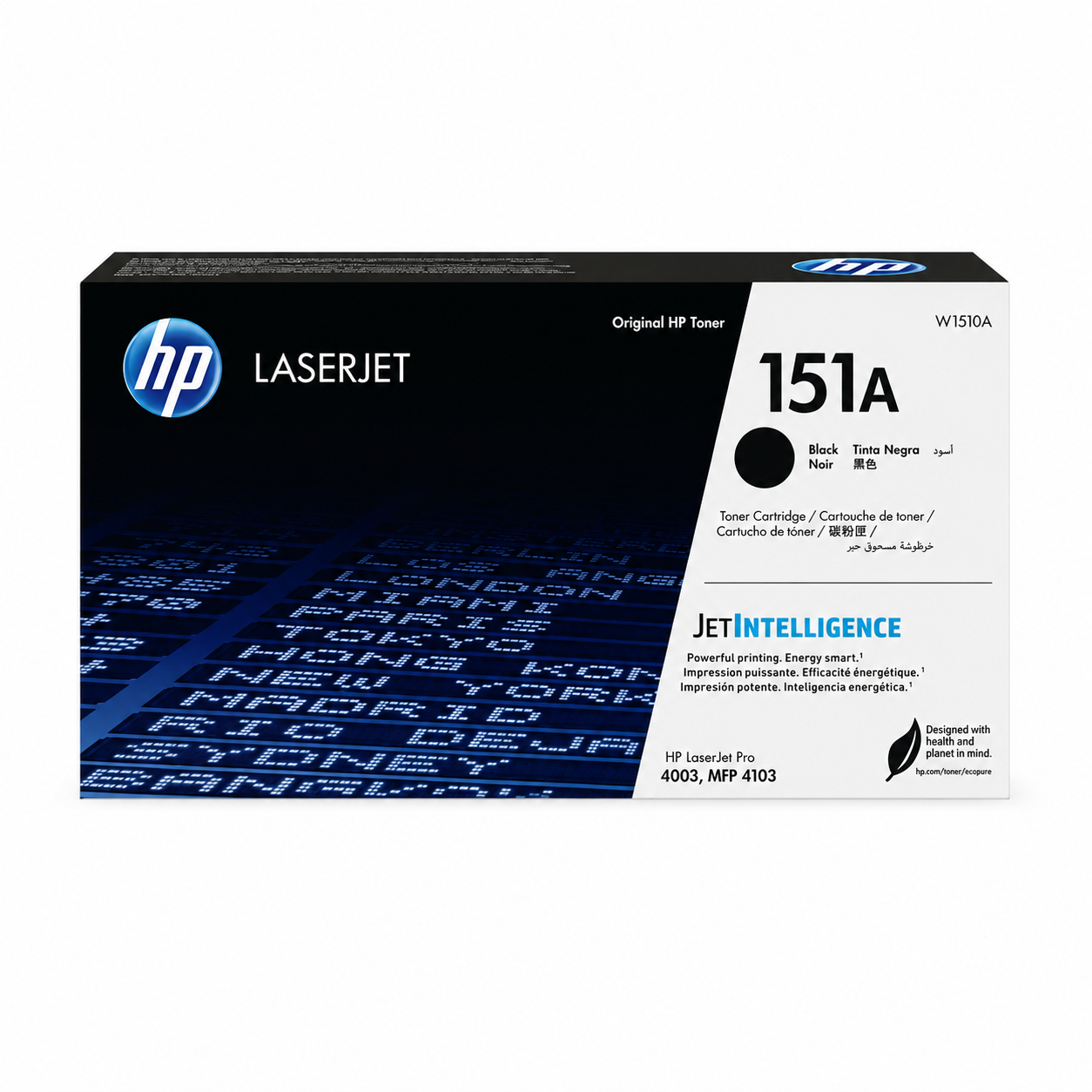 HP 151A Black Original LaserJet Toner Cartridge W1510A top view showing the genuine HP toner cartridge packaging.
