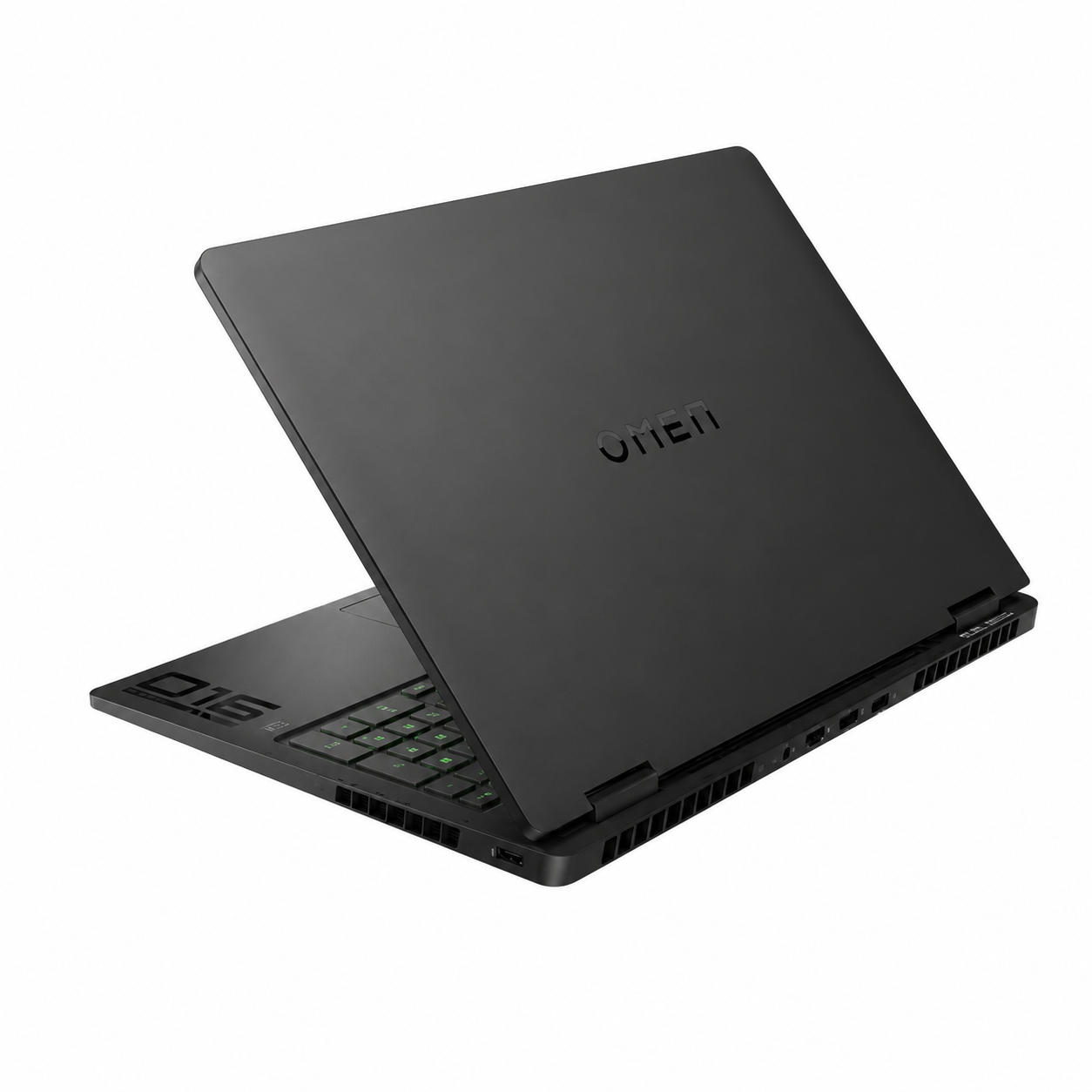 HP OMEN 16-am0026ne Shadow Black gaming laptop rear view showing the OMEN logo and rear ventilation layout.