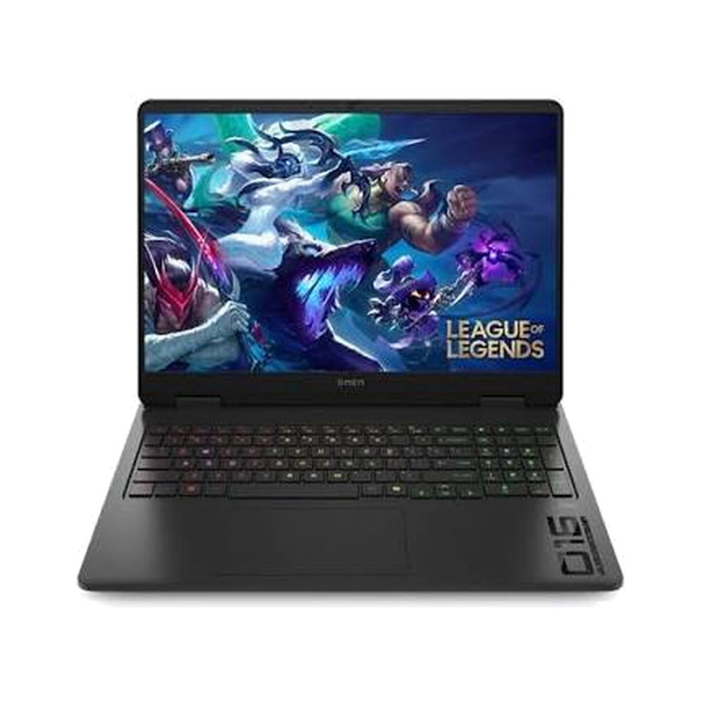 HP OMEN 16-am0026ne Shadow Black gaming laptop top view showing the 16-inch 2K display and 4-zone RGB backlit keyboard with numeric keypad.