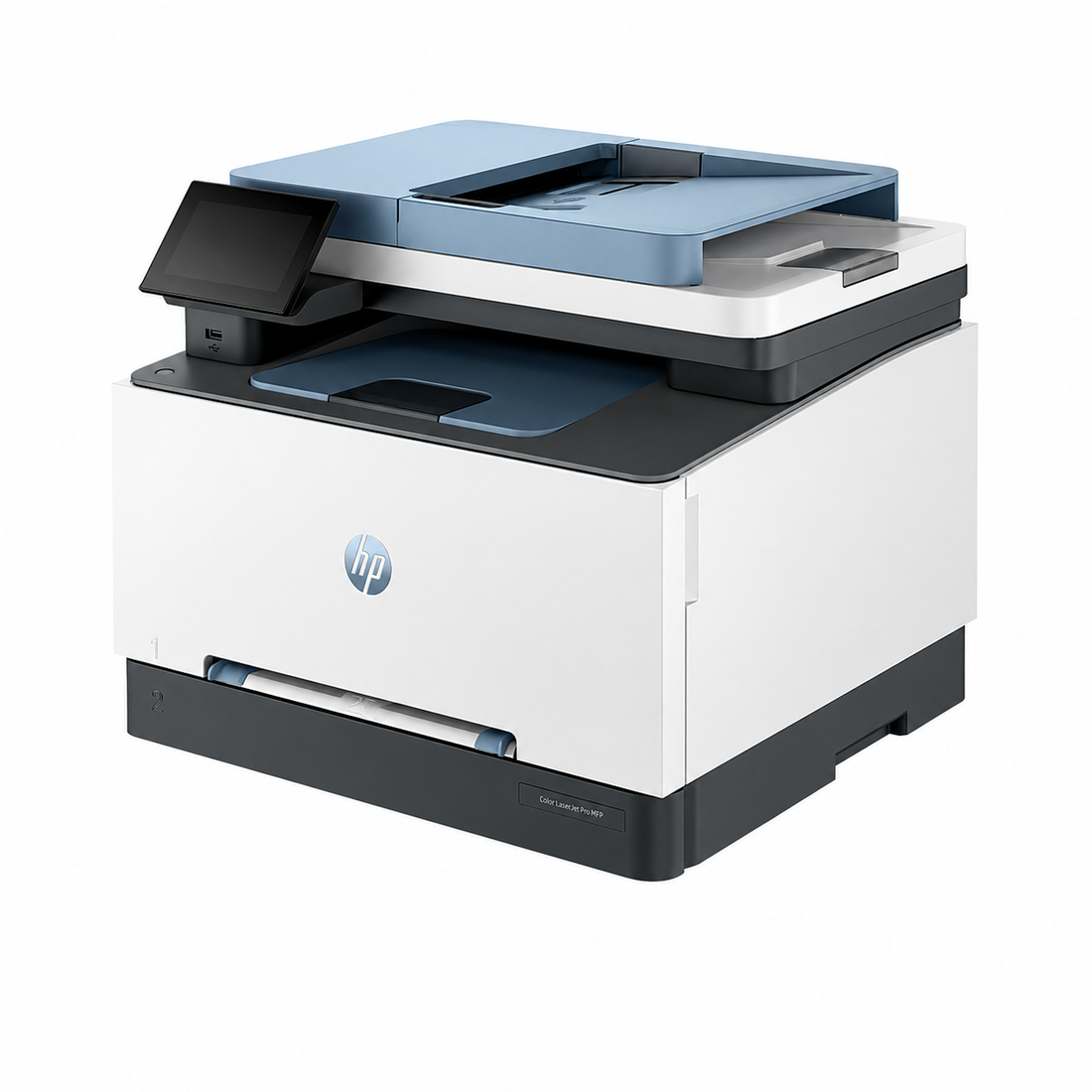 HP Color LaserJet Pro MFP 3303fdn color laser multifunction printer front view showing the touchscreen display, paper tray and office printer design.