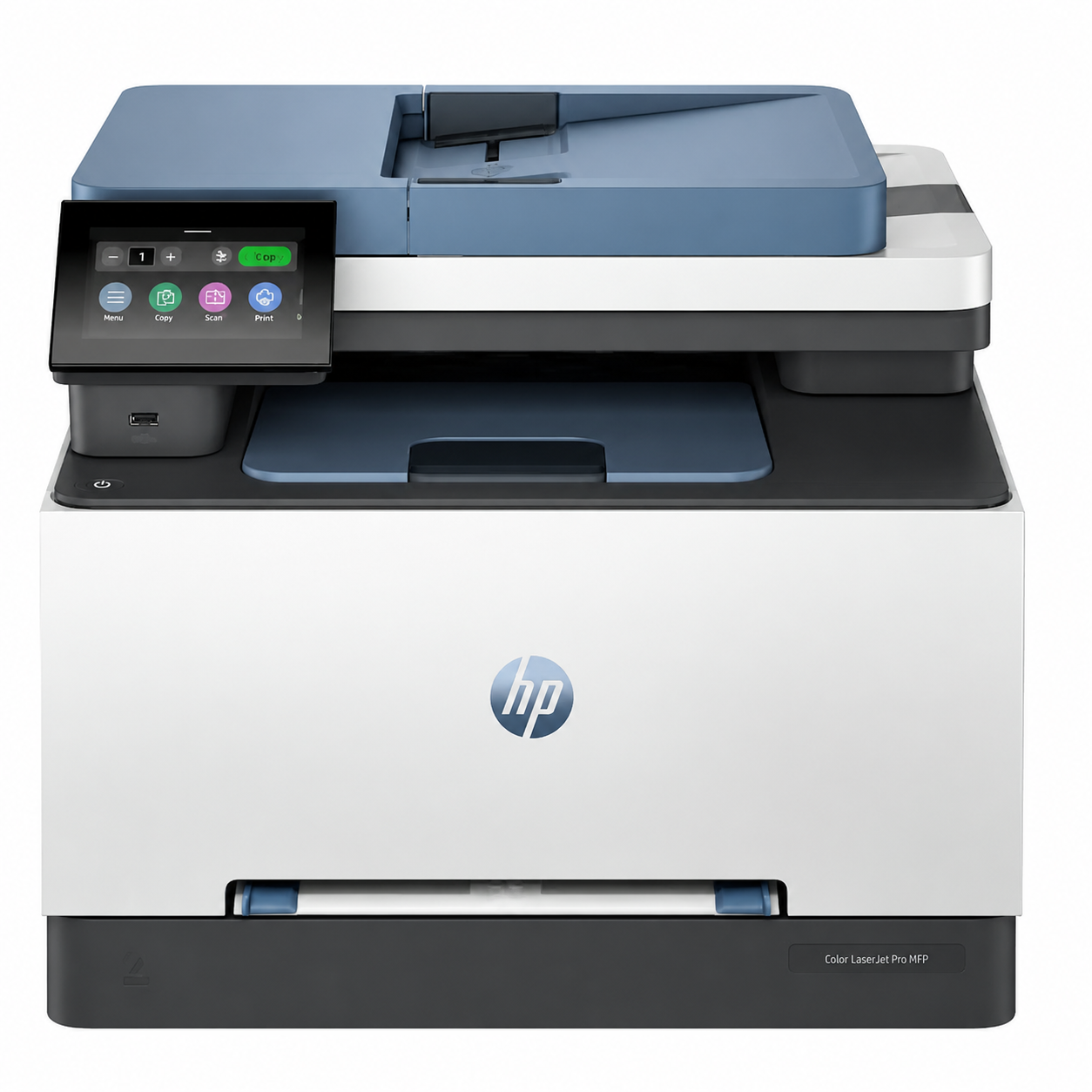 HP Color LaserJet Pro multifunction printer front view with touchscreen control panel and automatic document feeder