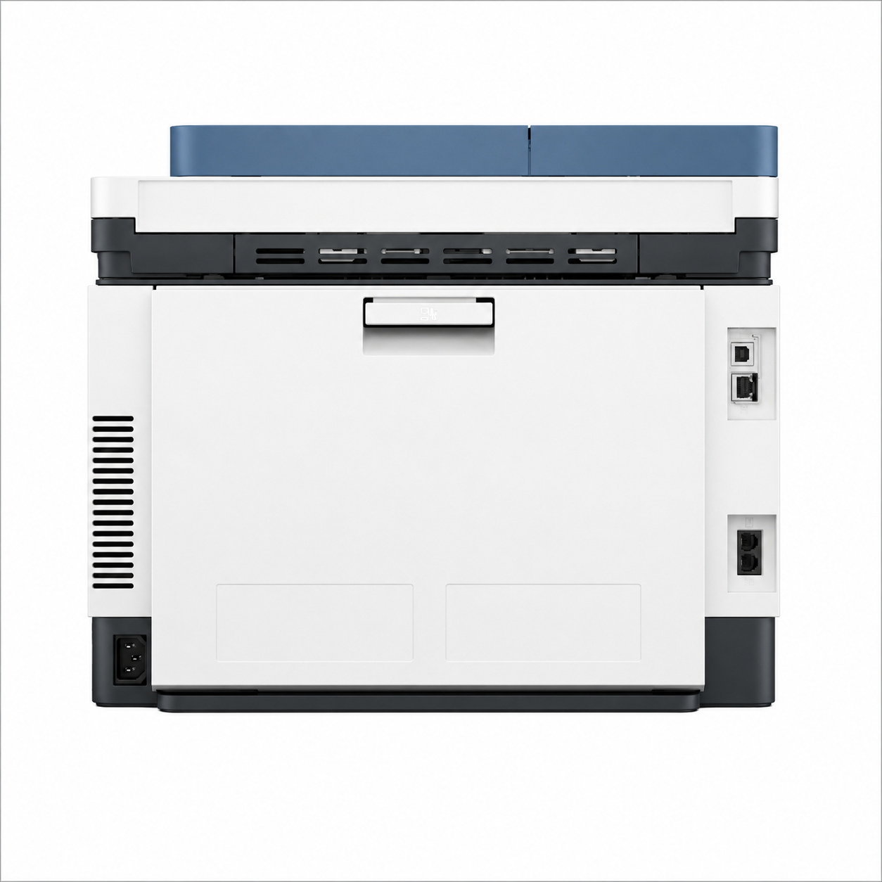 HP Color LaserJet Pro multifunction printer rear view showing connection ports and ventilation panels