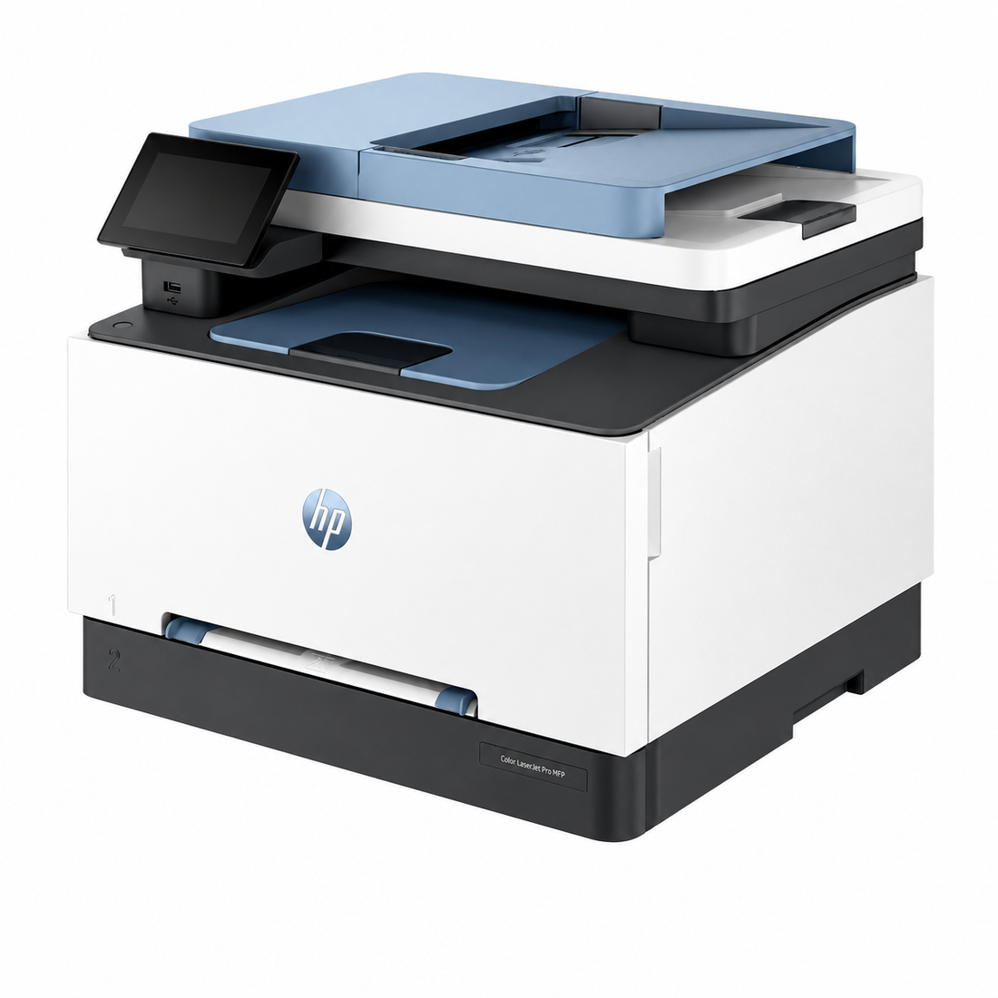 HP Color LaserJet Pro multifunction printer front view with touchscreen control panel and automatic document feeder
