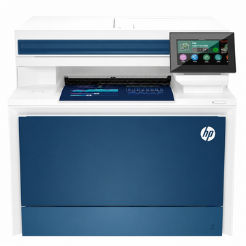 HP Color LaserJet Pro MFP 4303fdn color multifunction printer front view with blue front panel and touchscreen control display