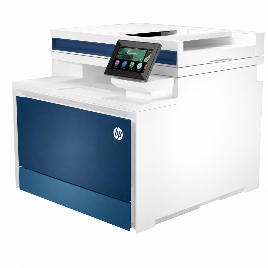 HP Color LaserJet Pro MFP 4303fdn color multifunction printer front view with blue front panel and touchscreen control display