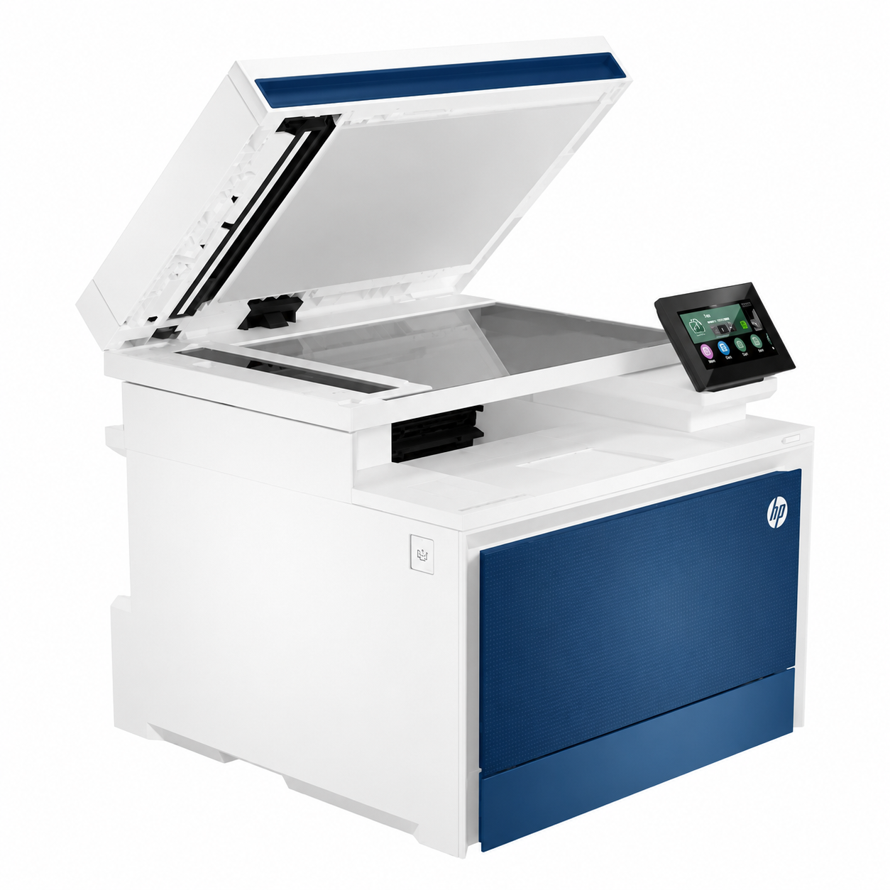 HP Color LaserJet Pro MFP 4303fdn multifunction printer angled view with the scanner lid open and touchscreen control panel visible