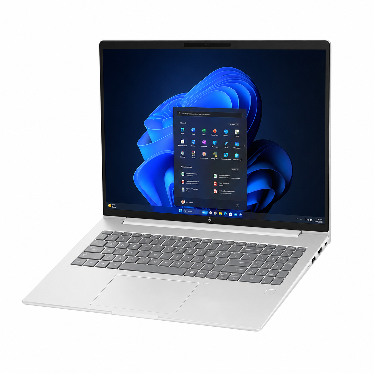 HP ProBook 460 G11 silver laptop angled front view showing the WUXGA display, keyboard and touchpad