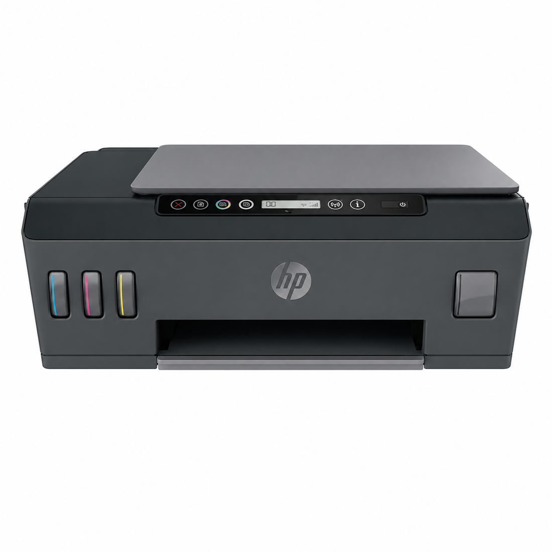 HP Smart Tank 518 Wireless All-in-One Ink Tank Printer front view showing refillable ink tanks and control panel.
